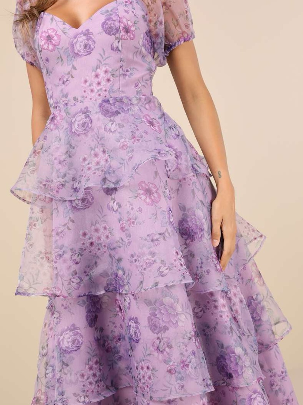 Lulus Oh-So Stunning Purple Floral Organza Tiered Midi Dress - Picture 3 of 12